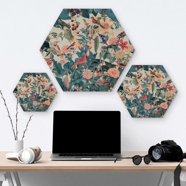 Hexagon Bild Holz - Vintage Collage - Vogelgarten