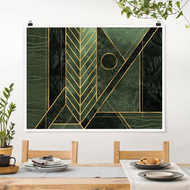 Poster - Geometrische Formen Smaragd Gold - Querformat 3:4