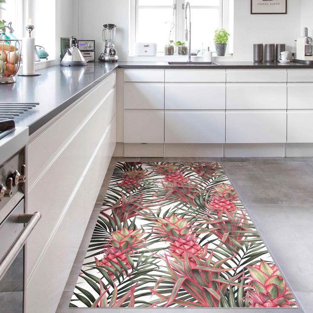 Teppiche Rote Ananas mit Palmenblättern Tropisch