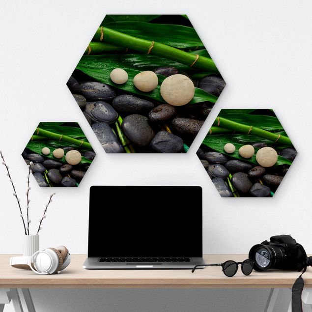 Hexagon Bild Holz - Grüner Bambus mit Zen Steinen