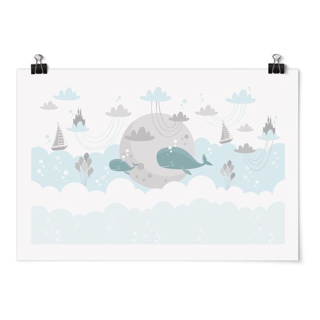 Poster Tiere Wolken mit Wal und Schloss