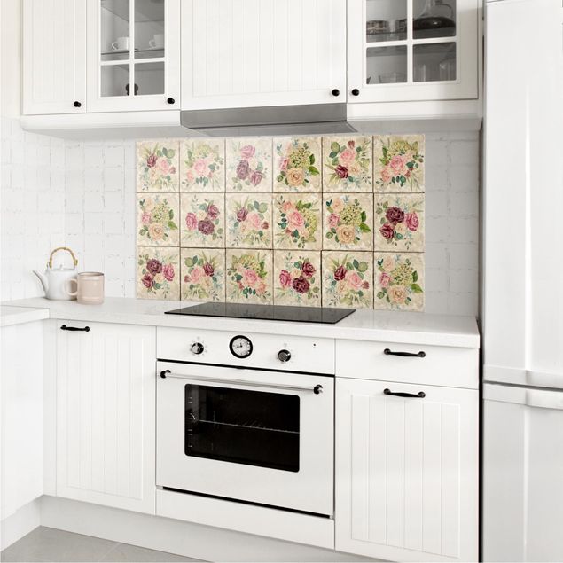 Küchenrückwand Glas Motiv Blumen Vintage Rosen und Hortensien
