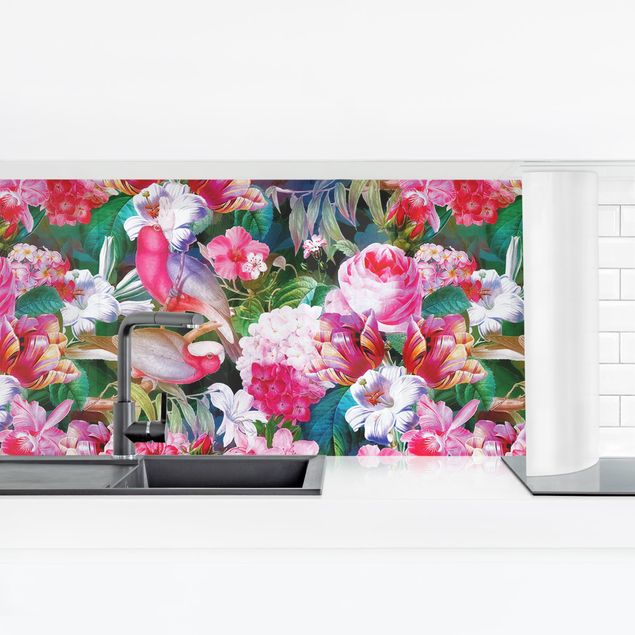 Küchenrückwand Glas Motiv Blumen Bunte Tropische Blumen mit Vögeln Pink I