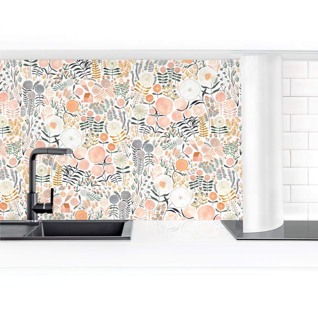 Küchenrückwand Glas Blumen Blumenmeer in Apricot