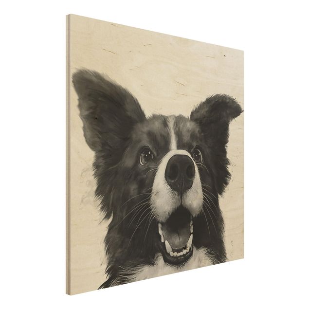 Holzbild - Illustration Hund Border Collie Schwarz Weiß Malerei - Quadrat 1:1