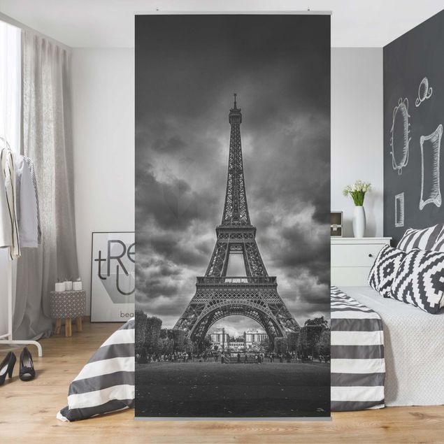 Raumtrenner Vorhang Eiffelturm vor Wolken schwarz-weiß