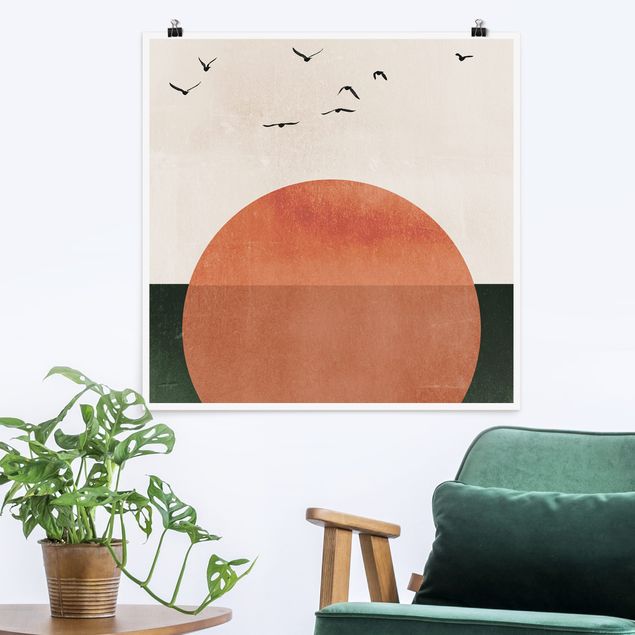 Wandbilder Tiere Vogelschwarm vor aufgehender Sonne