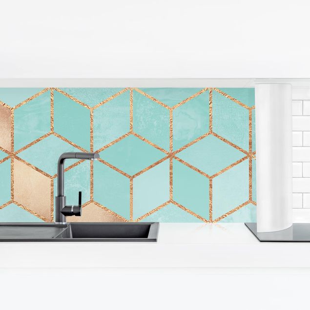 Küchenrückwand Muster Türkis Weiß goldene Geometrie