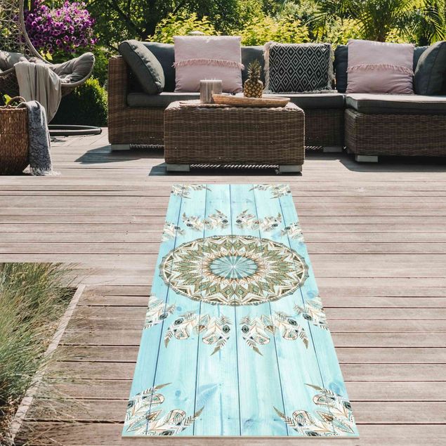 outdoor-teppich wetterfest Mandala Aquarell Federn blau grün auf Planke