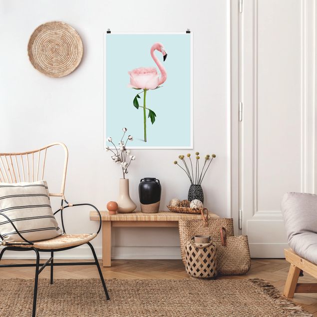 Poster Kunstdruck Flamingo mit Rose