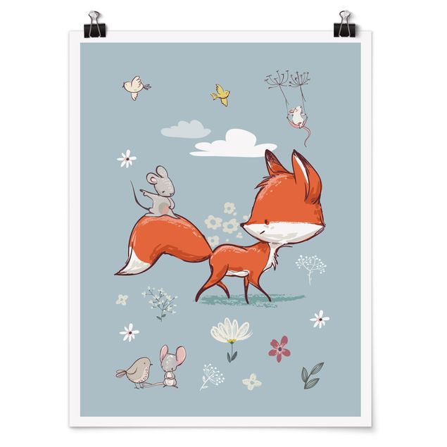 Poster Landschaft Fuchs und Maus auf Wanderschaft