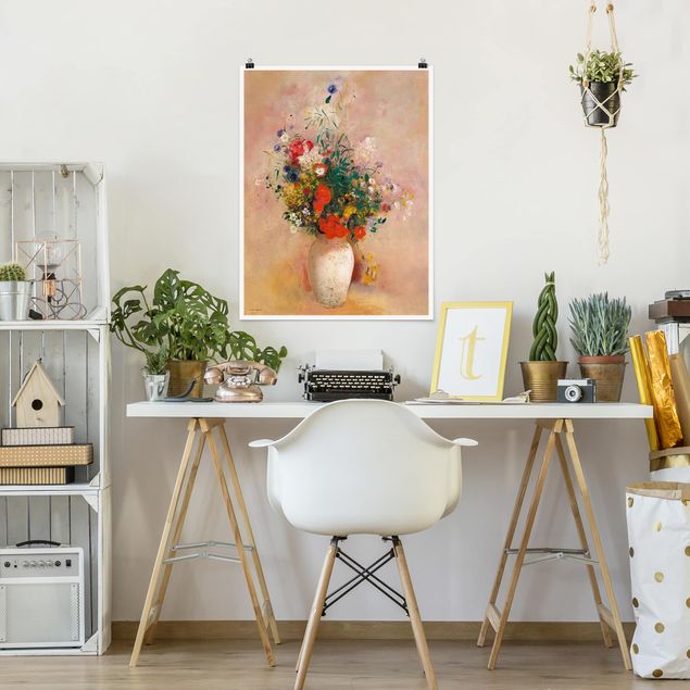 Blumenposter Odilon Redon - Vase mit Blumen (rosenfarbener Hintergrund)