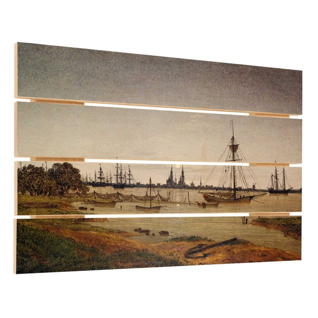 Wandbild Holz Caspar David Friedrich - Hafen bei Mondschein