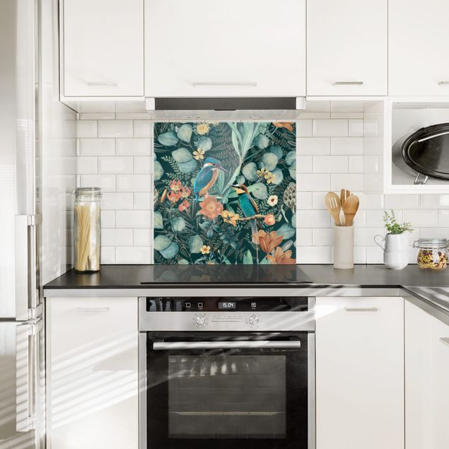 Glasrückwand Küche Blumen Blumenparadies Eisvogel und Kolibri
