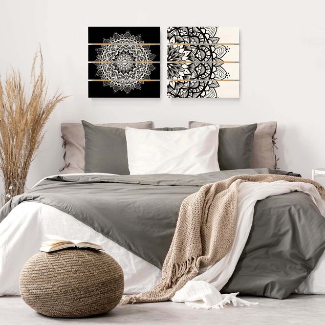 Moderne Holzbilder Mandala Illustration shabby Set schwarz weiß