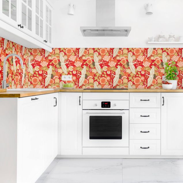 Küchenrückwand Muster Kraniche und Chrysanthemen Rot