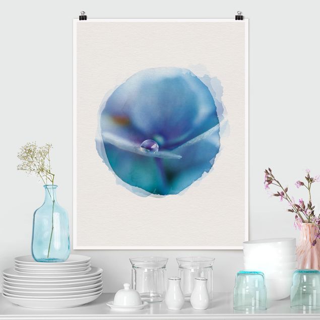 Blumen Poster Wasserfarben - Wassertropfen Hortensienblüte