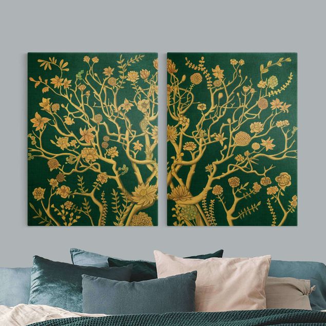 Moderne Leinwandbilder Wohnzimmer Chinoiserie Blumen in der Nacht Duo