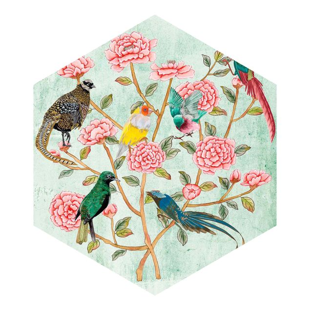 Fototapete rosa Chinoiserie Collage in Mint II
