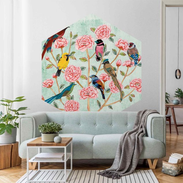 Tapete Blumen Chinoiserie Collage in Mint