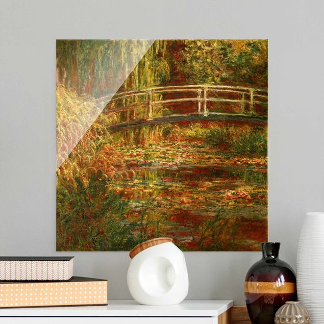 Glasbild Seen Claude Monet - Seerosenteich und japanische Brücke (Harmonie in rosa)