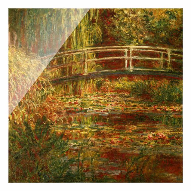 Glasbild Landschaften Claude Monet - Seerosenteich und japanische Brücke (Harmonie in rosa)