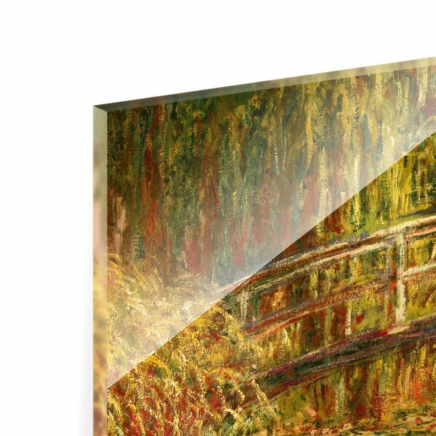 Glasbilder Grün Claude Monet - Seerosenteich und japanische Brücke (Harmonie in rosa)