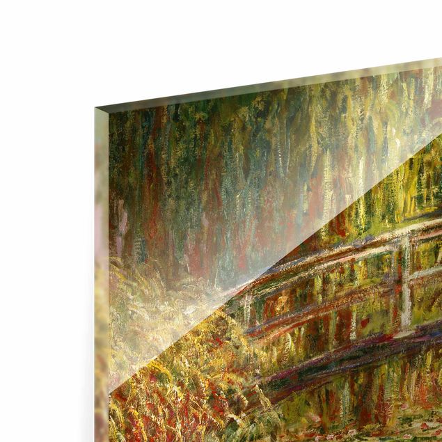 Glasbilder Grün Claude Monet - Seerosenteich und japanische Brücke (Harmonie in rosa)