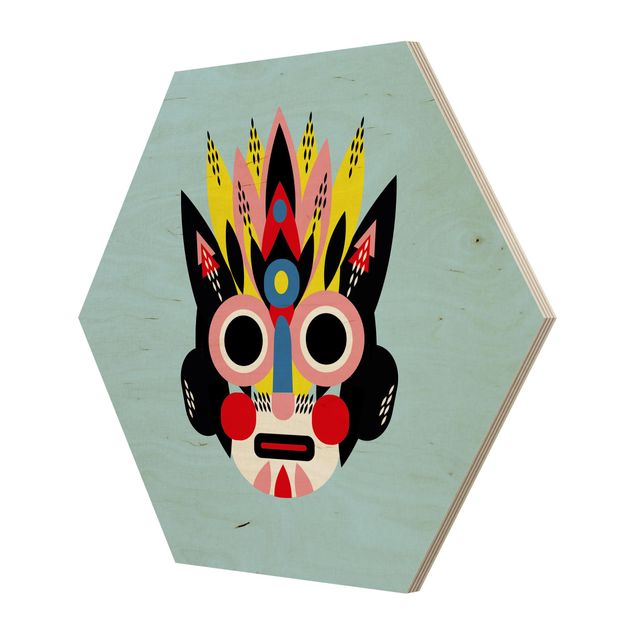 Hexagon-Holzbild - Collage Ethno Maske - Gesicht