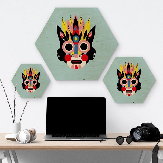 Hexagon-Holzbild - Collage Ethno Maske - Gesicht