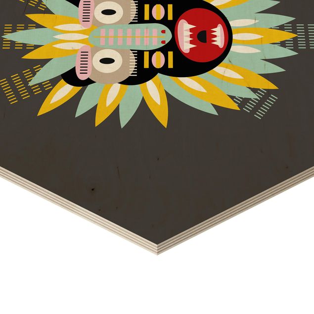 Hexagon-Holzbild - Collage Ethno Maske - King Kong