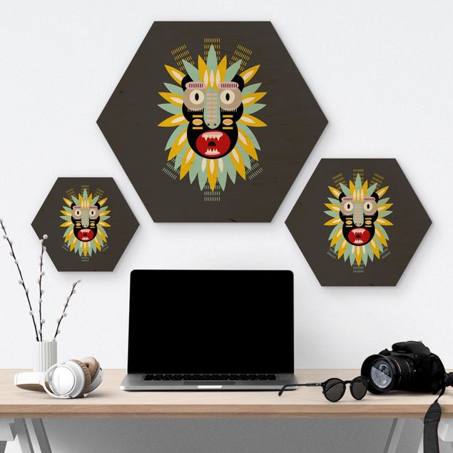 Hexagon-Holzbild - Collage Ethno Maske - King Kong
