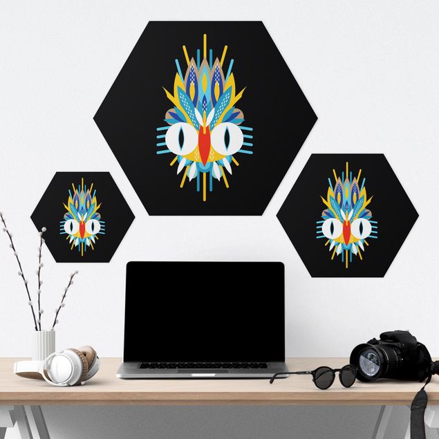 Hexagon-Forexbild - Collage Ethno Maske - Vogel Federn