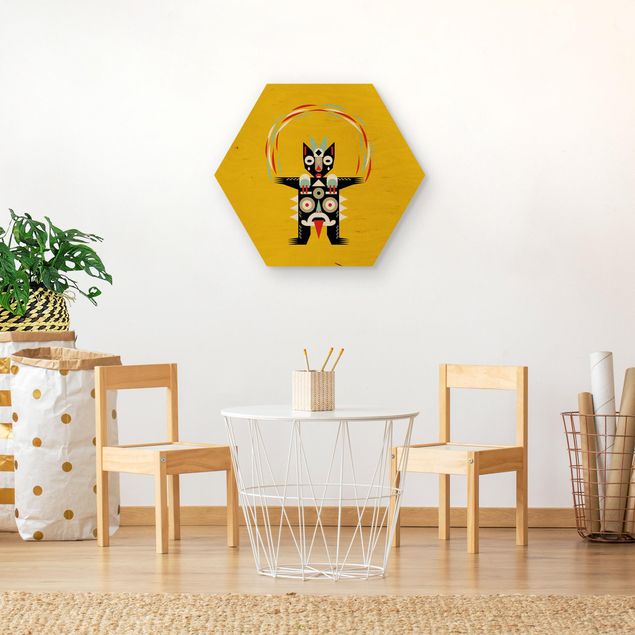 Hexagon-Holzbild - Collage Ethno Monster - Jongleur