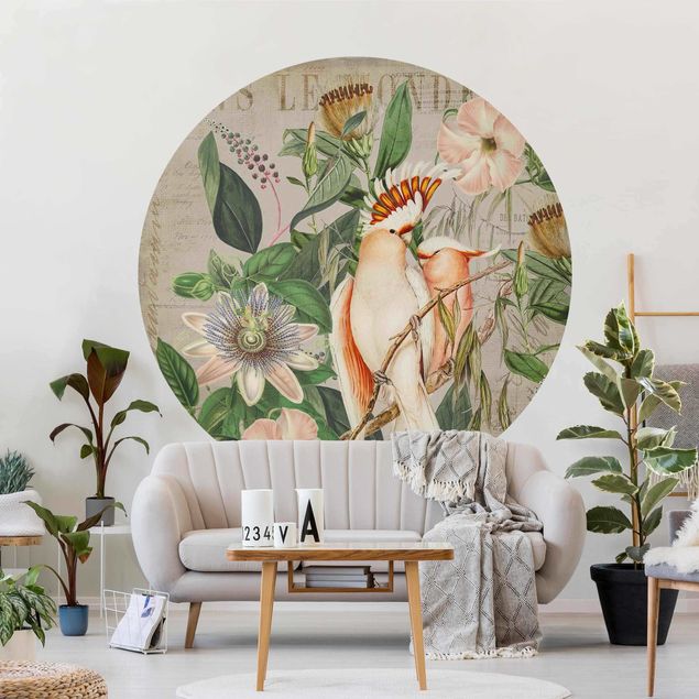 Runde Tapete selbstklebend - Colonial Style Collage - Rosa Kakadu