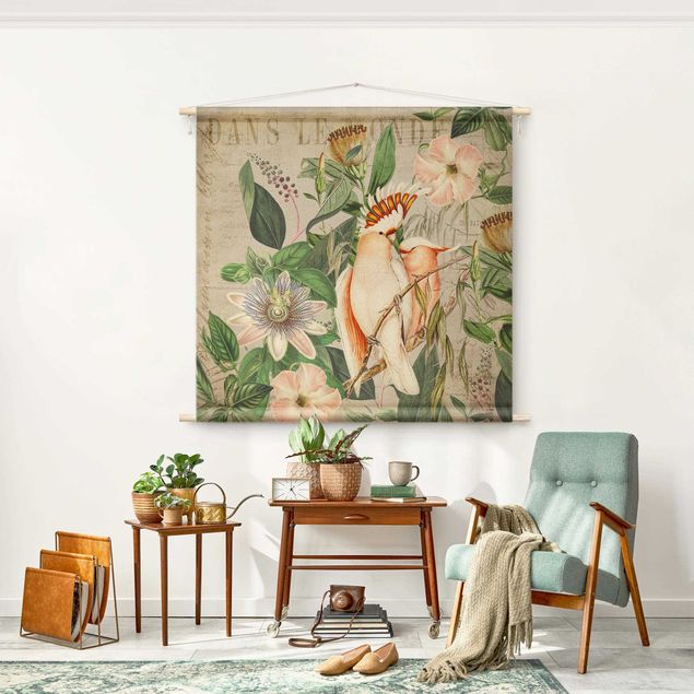 Moderne Wandteppiche Colonial Style Collage - Rosa Kakadu