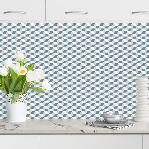 Küchenrückwände Platte Geometrischer Fliesenmix Würfel Blaugrau