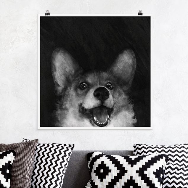 Poster Kinderzimmer Tiere Illustration Hund Corgi Malerei Schwarz Weiß