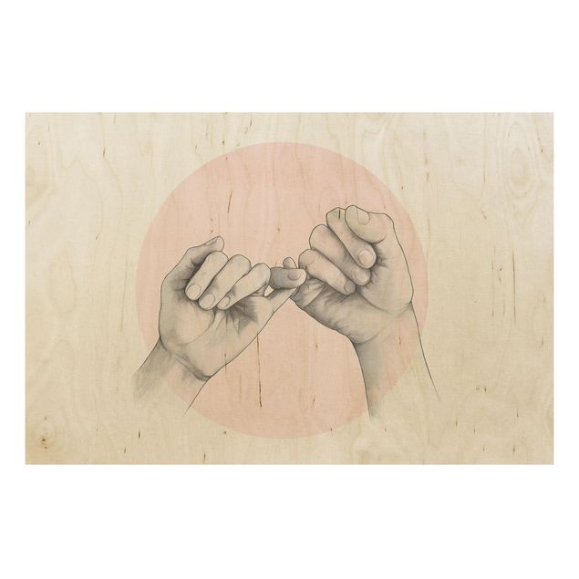 Holzbild - Illustration Hände Freundschaft Kreis Rosa Weiß - Querformat 2:3