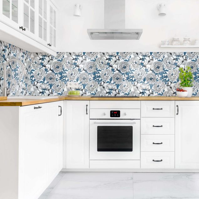 Küchenrückwand Folie Blumen Pfingstrosen und Meisen in Weiß und Blau