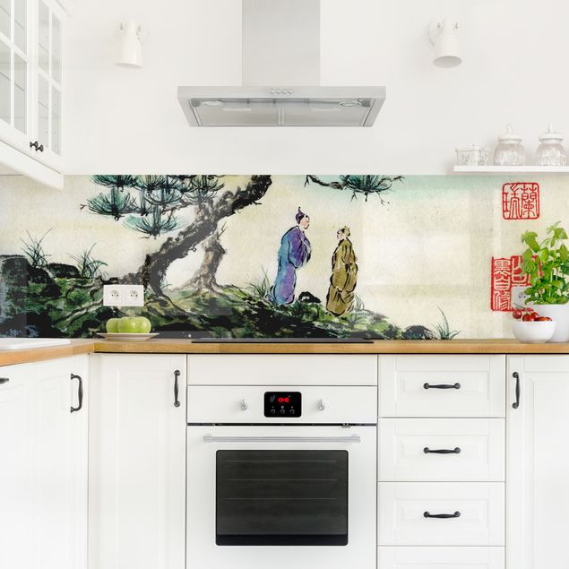 Küchenrückwand Glas Wald Japanische Aquarell Zeichnung Kiefer und Bergdorf