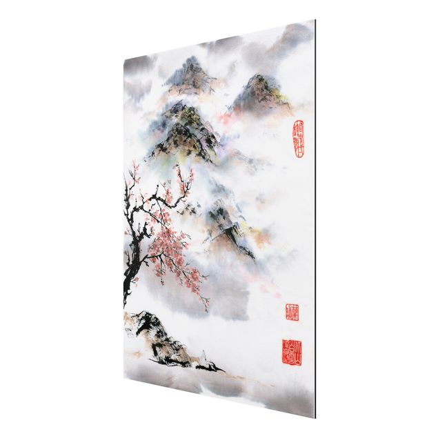 Aluminium Print gebürstet - Japanische Aquarell Zeichnung Kirschbaum und Berge - Hochformat 4:3