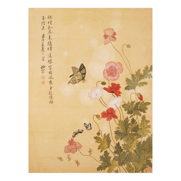 Forex Fine Art Print - Yuanyu Ma - Mohnblumen und Schmetterlinge - Hochformat 4:3
