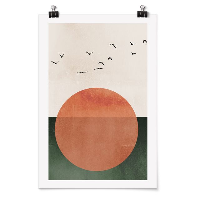 Poster Tiere Vogelschwarm vor aufgehender Sonne