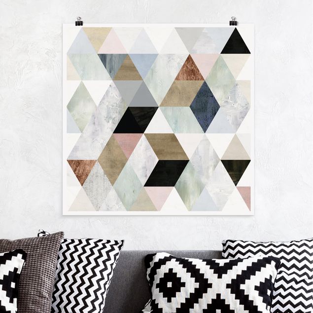 Poster - Aquarell-Mosaik mit Dreiecken II - Quadrat 1:1