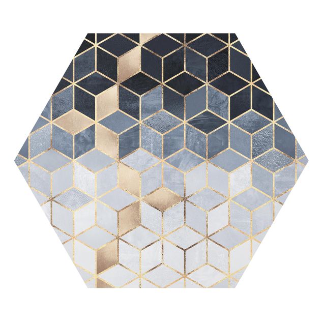 Hexagon Bilder Blau Weiß goldene Geometrie