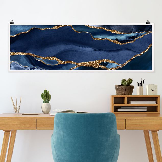 Wandbilder abstrakt Goldene Glitzer Wellen vor Blau