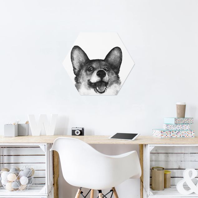 Foto auf Hartschaumplatte Illustration Hund Corgi Weiß Schwarz Malerei