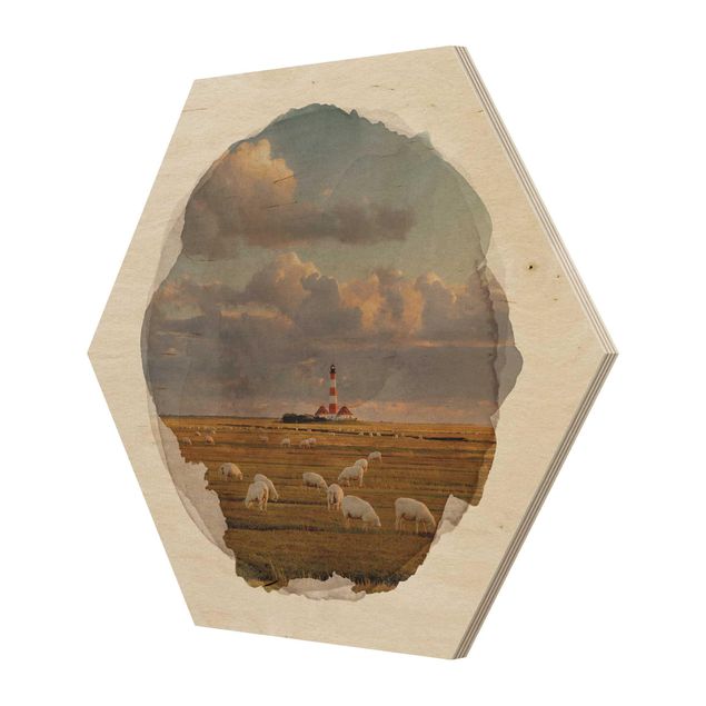 Hexagon Bild Holz - Wasserfarben - Nordsee Leuchtturm mit Schafsherde