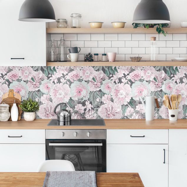 Küchenrückwand Muster Nostalgische Pfingstrosen in Pastell Rosa